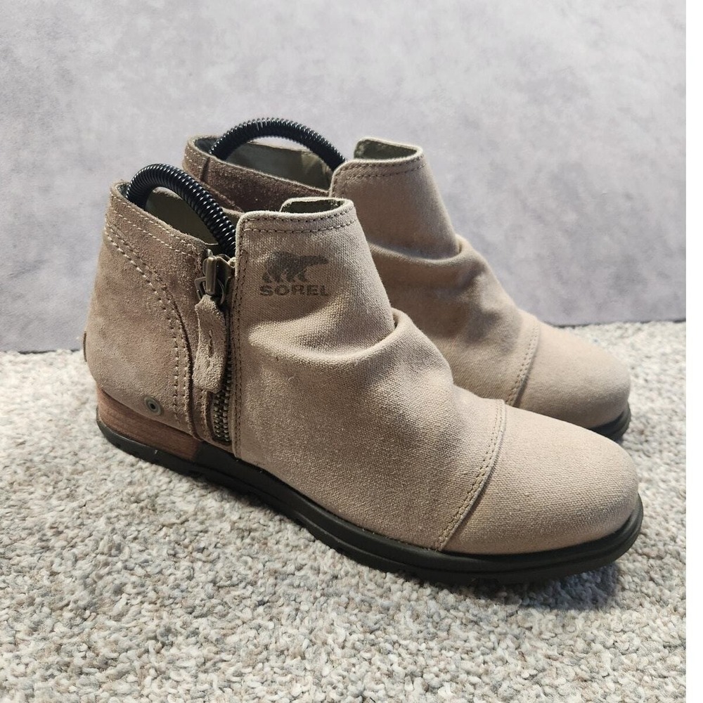 Sorel Major Low Cut Ankle Boot Womens Size 7.5 Tan/Flax Canvas Suede Bootie